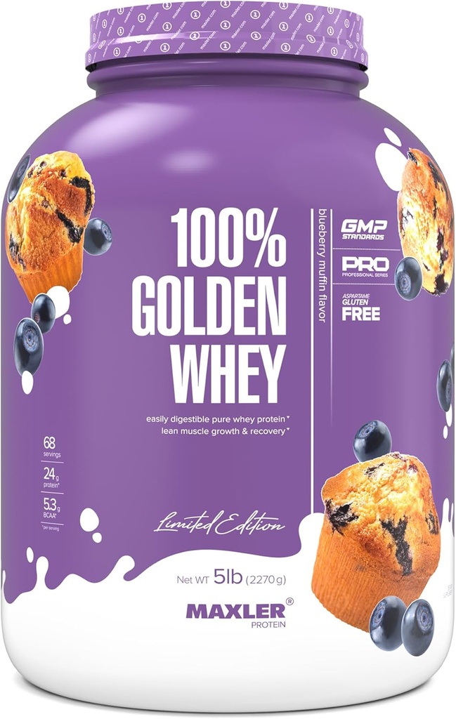 Maxler 100% Golden Whey Protein - 24g de protéines par portion - Premium Whey Protein Poudre pour pré-entraînement - Fast Absorbing Whey Concentrate, Isolate & Hydrolysate Blend - Blueberry Muffin 5 lb