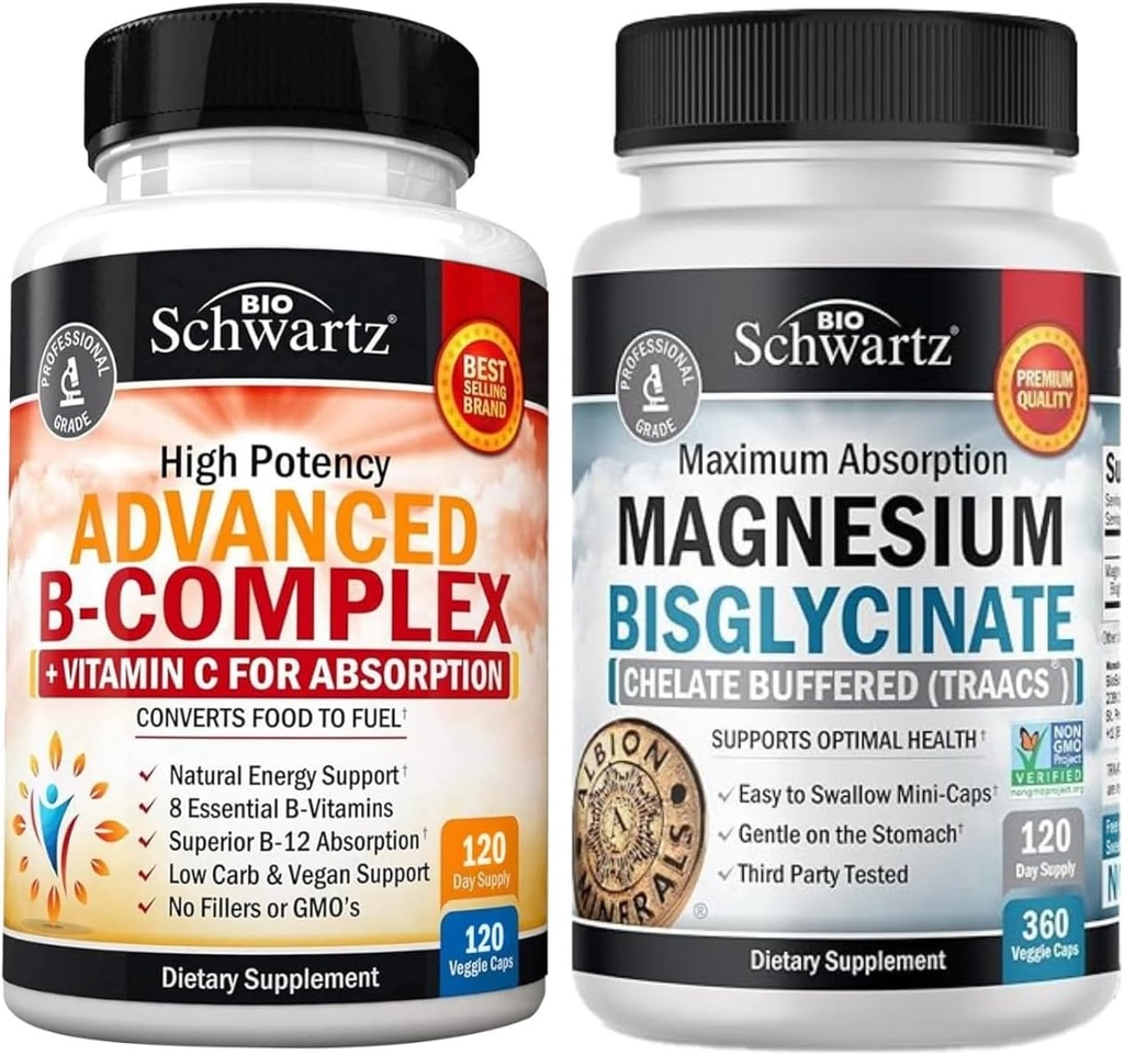 Vitamin B Complex with Vitamin C (4 Month Supply) Plus High Absorption Magnesium Bisglycinate Capsules (4 Month Supply)