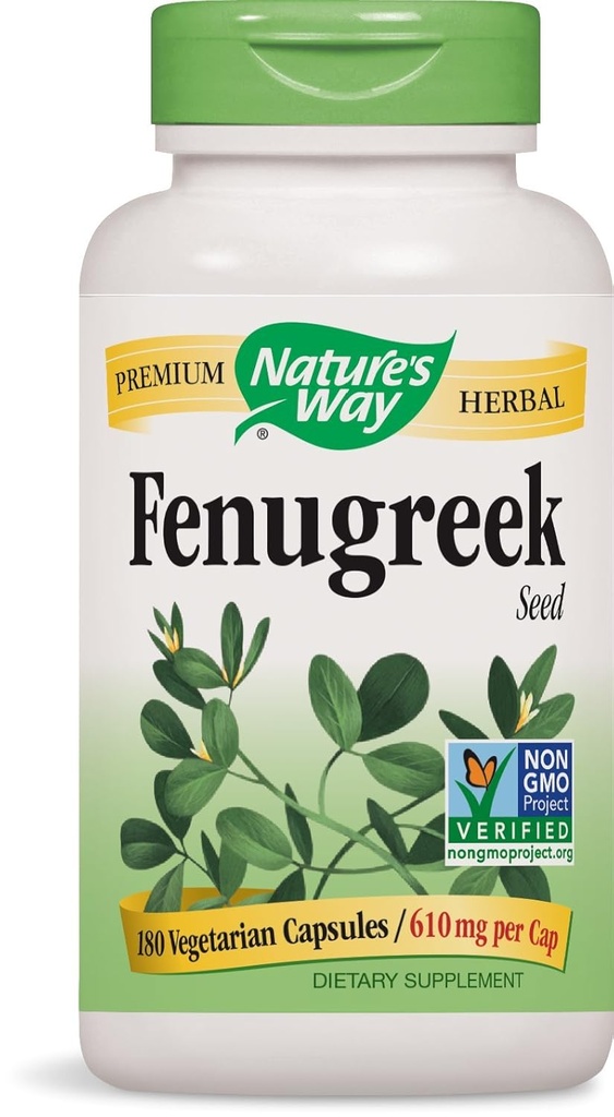 Natures Way Fenugreek Seed, 610 milligrammes par cap, 180 capsules végétariennes. Boîte de 4 bouteilles.