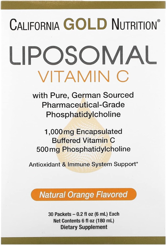 Vitamine C liposomique par la Californie Gold Nutrition - Supplément liquide pour antioxydants et immunosupport - Vegan Friendly - Sans gluten, sans OGM - 1 000 mg - 30 Packets - Arôme Orange Naturel