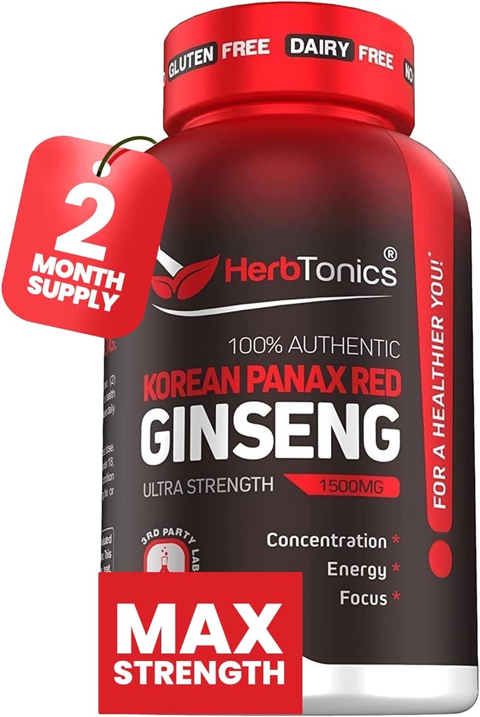 Herbtonics Panax Rouge Coréen Ginseng 1500mg - Supplément énergétique pour la performance maximale, la concentration et la vitalité - Extrait de racine de ginseng à haute puissance - 120 Capsules végétaliennes