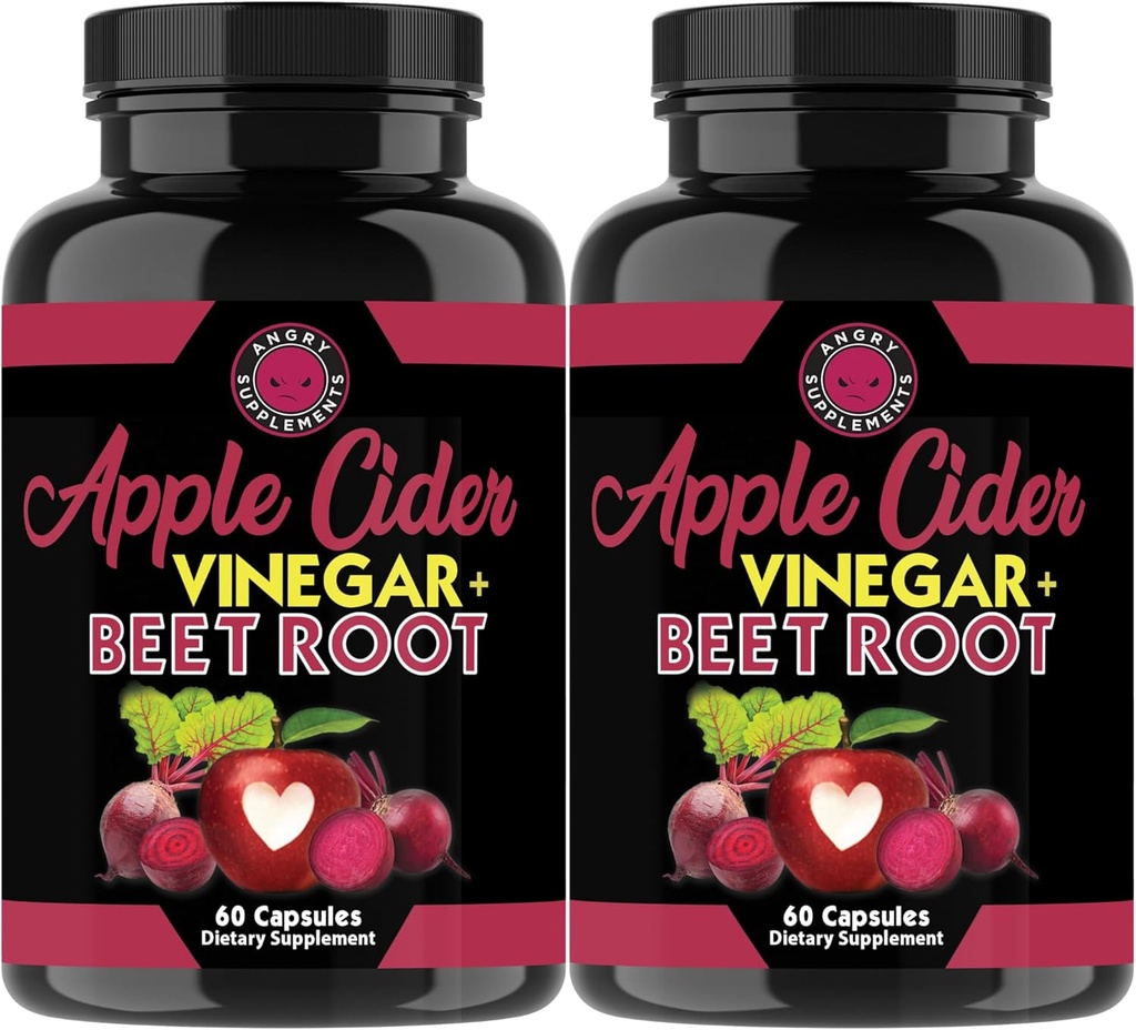 Suppléments en colère Vinaigre de cidre de pomme + Capsules de poudre de betterave, ACV pur Beetroot 1000mg par portion, Booster d'oxyde nitrique et santé digestive pour les hommes et les femmes 60ct, 2 Pack (120ct Total)