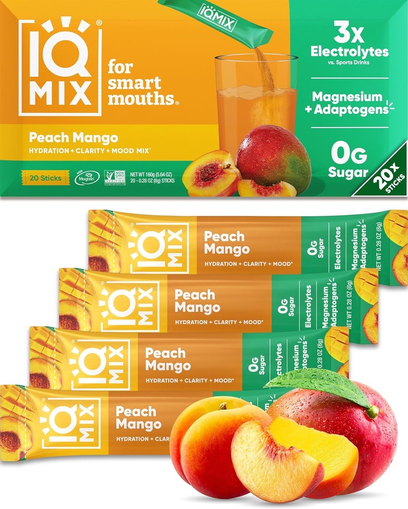 Poudre d'électrolyte d'hydratation IQMIX – Formule 4-en-1 pour l'hydratation, la clarté mentale, l'humeur et la récupération – Mélange de boissons sans sucre, kéto, thréonate de magnésium L, Mangue de lion – 20 Mango de Peach Comte