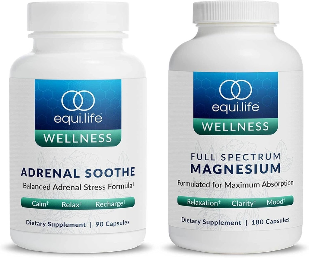 Equilife Complet Spectrum Magnésium (180 ct.) et Adrenal Soothe (90 capsules) Supplément de soutien énergétique et d'humeur, végétalien, non-OGM