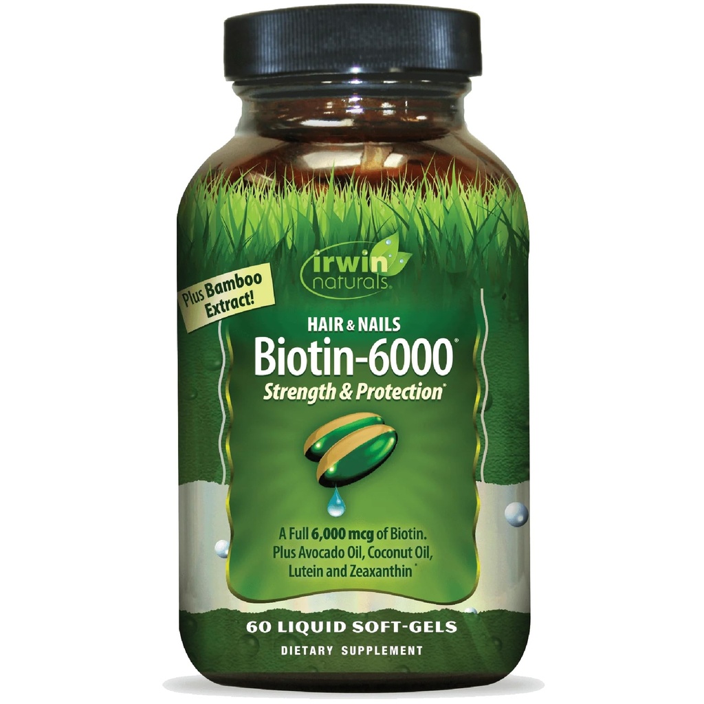 Irwin Naturals Biotin-6000 - Supports Strength & Protection for Hair & Nails with Avocado Oil, Coconut Oil, Lutein & Zeaxanthin - 60 Liquid Softgels