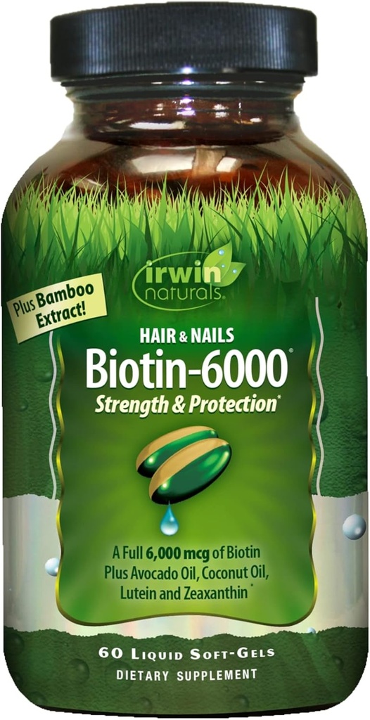 Irwin Naturals Biotin-6000 soutient une peau, des cheveux et des ongles sains - 60 softgels liquides - Force + Protection avec une puissance élevée 6000 mcg, bambou, avocat, noix de coco et plus - Absorption maximale