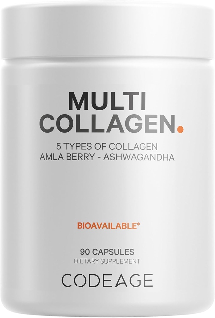 Codeage Multi Collagène Peptides Capsules protéiques, 5 types de collagène, supplément de pilules de collagène à l'herbe et hydrolysée, Ashwagandha, Amla Berry Vitamines, Collagène Peptides - 90 capsules
