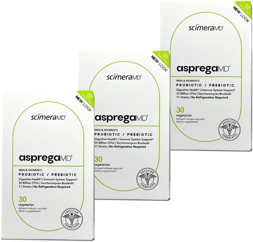 Asprega 30CT - Probiotic + Prebiotic Supplement (en anglais seulement) 17 souches, 35 milliards d'UFC (en anglais seulement) Libération différée (en anglais seulement) Saccharomyces Boulardii (en anglais seulement) par ScimeraMD, 3-Pack