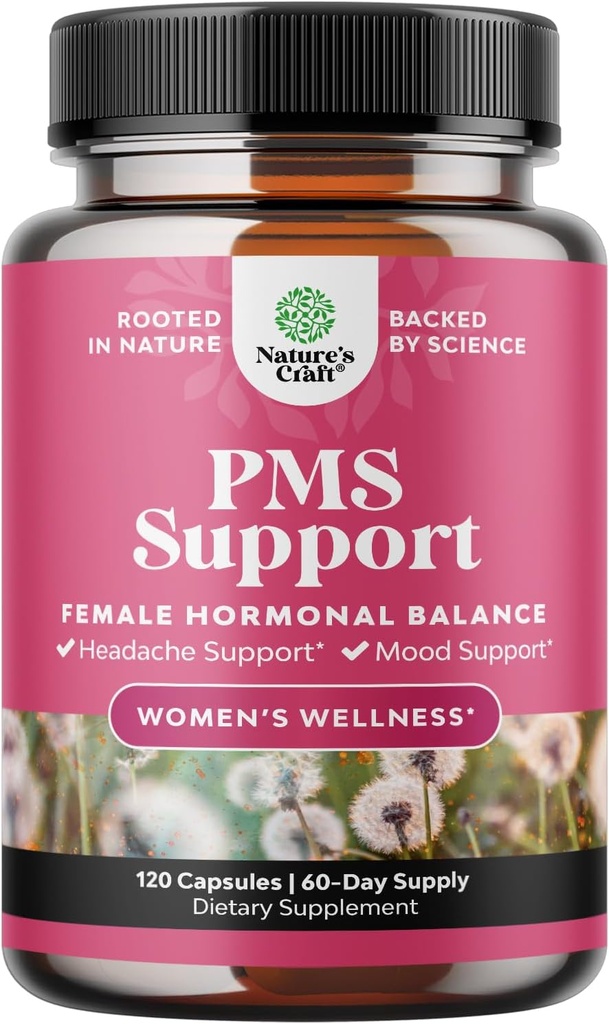 PMS Support Supplement for Women – Hormone Balance for Women & Menstrual Discomfort with DIM, Chasteberry, Black Cohosh & Ashwagandha - for Period Cramps Ease, Menopause Bloating, Mood Swing – 120 Ct