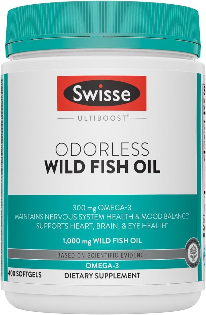 Swisse Wild Fish Oil Omega 3 Suppléments pour les femmes et les hommes 1000 mg Softgels EPA DHA Suppléments à l'huile de poisson - Aide à soutenir la santé du cerveau, des yeux et du cœur EPA 400 Softgel Pills