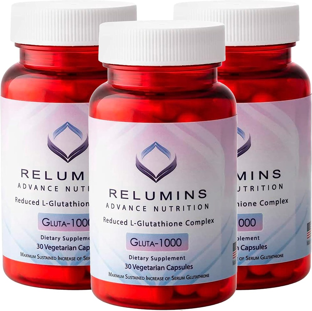 Relumins Advance Nutrition Gluta 1000 - L-glutathion réduit, acide lipoïque alpha et HIPS rose, antioxydant pour la peau et le bien-être général, fabriqués aux États-Unis - 30 capsules x 3 bouteilles (alimentation de 45 jours)