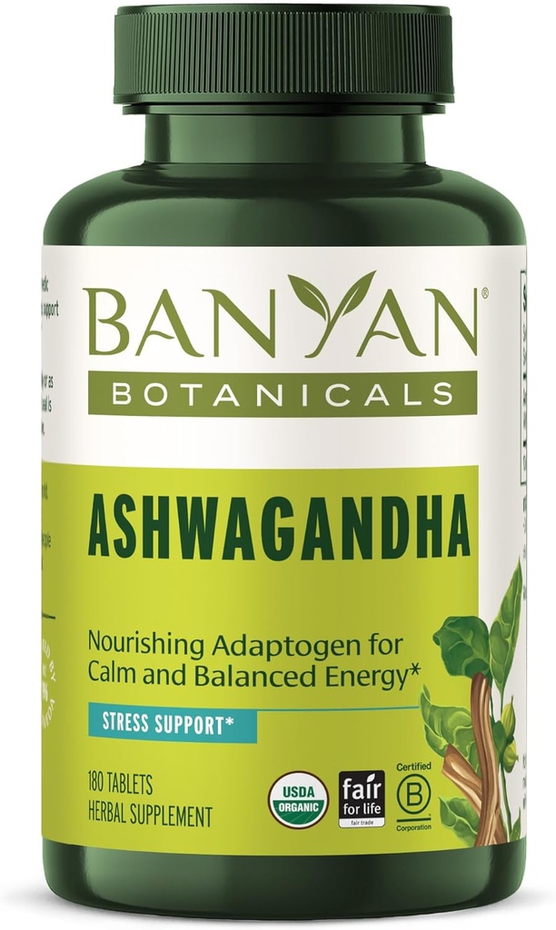 Banyan Botanicals Comprimés d'Ashwagandha – Racine d'Ashwagandha biologique – Adaptogène à base de plantes renommé pour le soutien de l'énergie naturelle et le stress* – 180 Comprimés – Vegan non-OGM d'origine durable