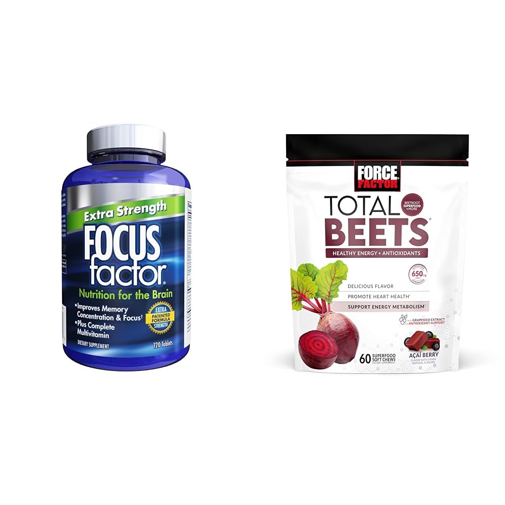 Focus Factor Adults Extra Strength, 120 Count - Brain Supplement for Memory & Force Factor Total Beets Soft Chews with Beetroot, Nitrates, L-Citrulline, Grapeseed Extract