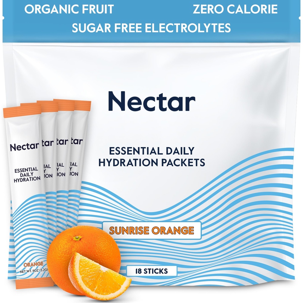 Nectar Hydration Packets - Electrolytes Powder Packets - No Sugar or Calories - Organic Fruit Liquid Daily IV Electrolytes Powder for Dehydration Relief and Rapid Rehydration (Orange 18 Pack)