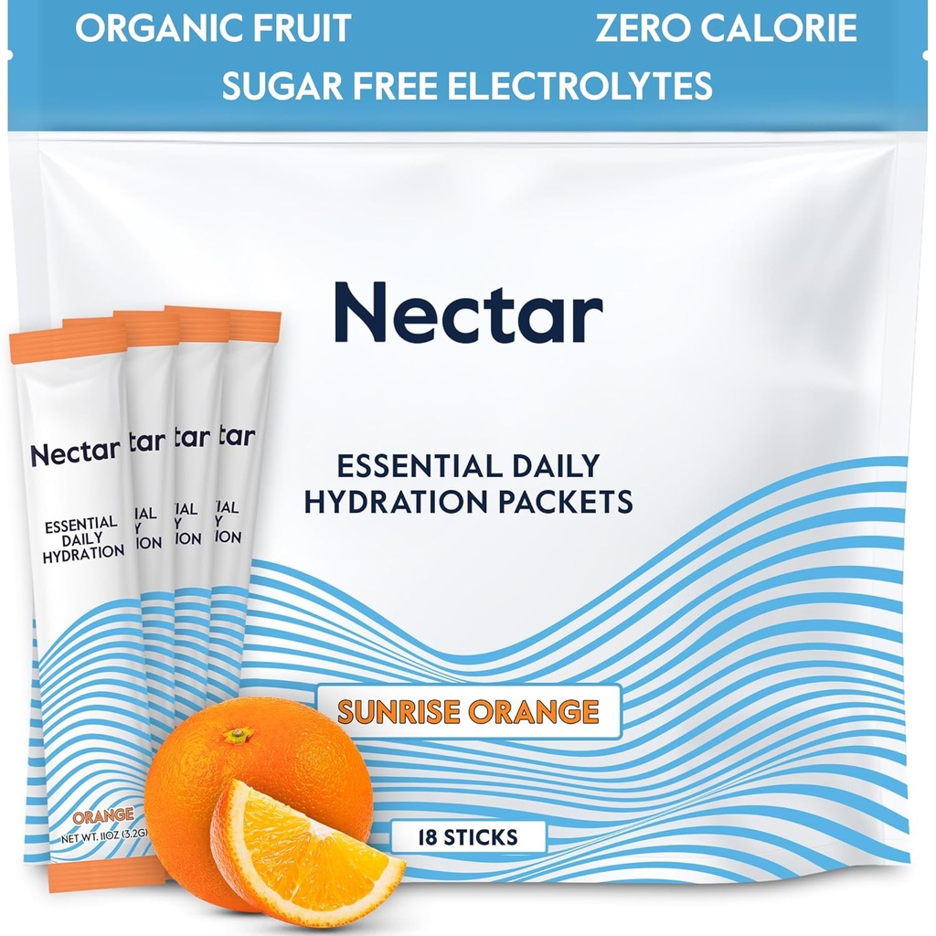 Paquets d'hydratation Nectar - Paquets de poudre d'électrolytes - Pas de sucre ou de calories - Paquets d'électrolytes liquides de fruits biologiques pour déshydratation et réhydratation rapide (Orange 18)