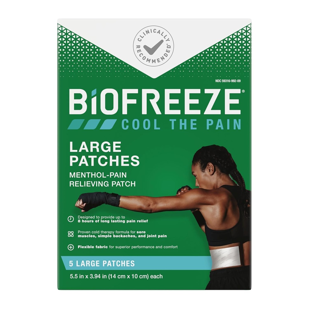 Biogeler Grandes Patches de soulagement de la douleur, Patches de douleur menthol pour le bas du dos, le cou, le genou, et l'épaule, Tissu confortable et flexible reste en place, FSA admissible, 5 ct