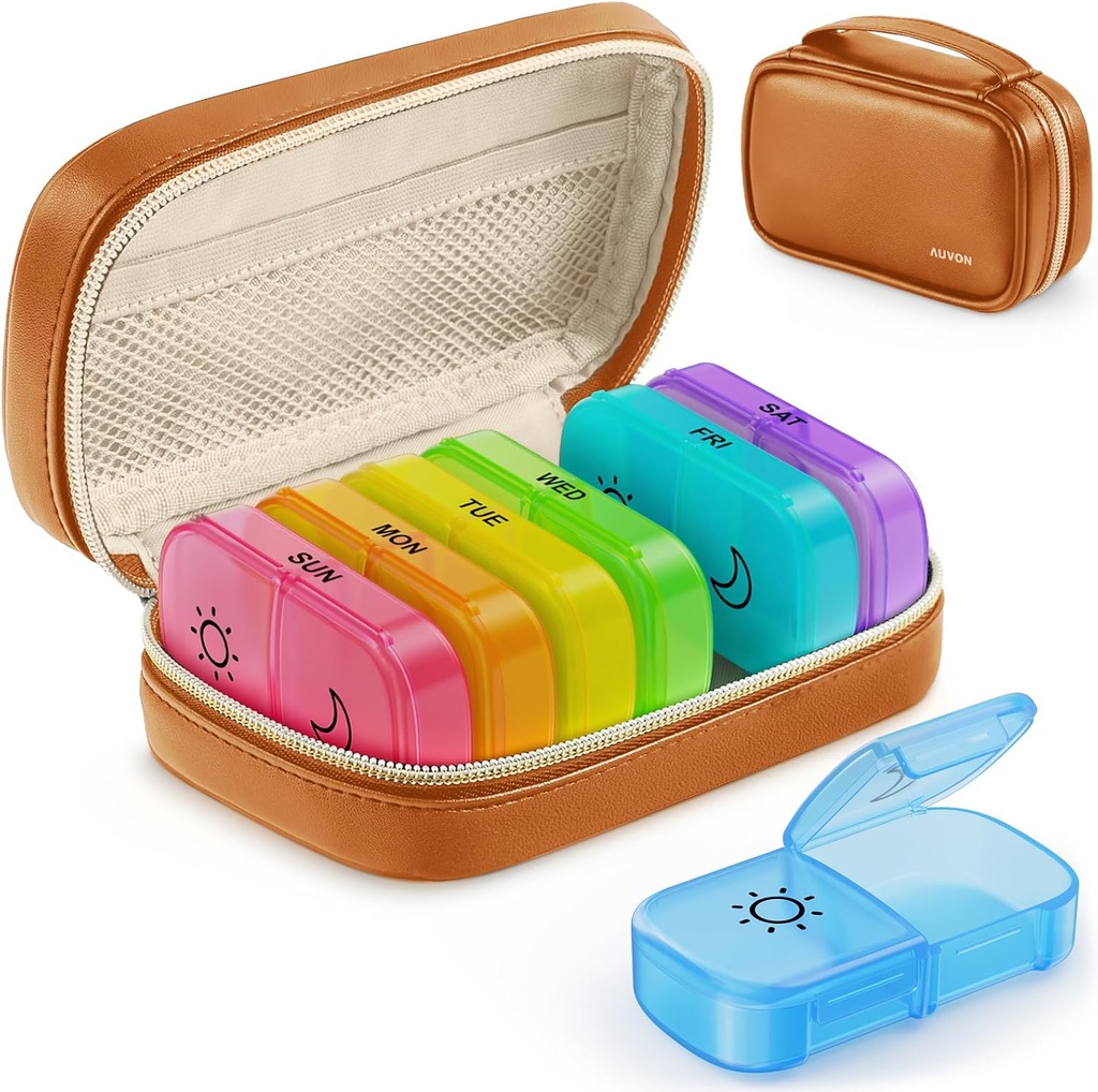 AUVON Weekly Pill Organizer 2 fois par jour avec le sac en cuir PU, Voyage AM PM Pill Box 7 Jour avec un seul côté grand design d'ouverture pour le remplissage facile, cas de pilule portable pour les vitamines, médicaments, suppléments
