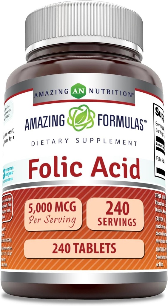 Amazing Formulas Folic Acid Supplement | 5000 Mcg | Tablets | Non-GMO | Gluten Free | Made in USA (240 Count)