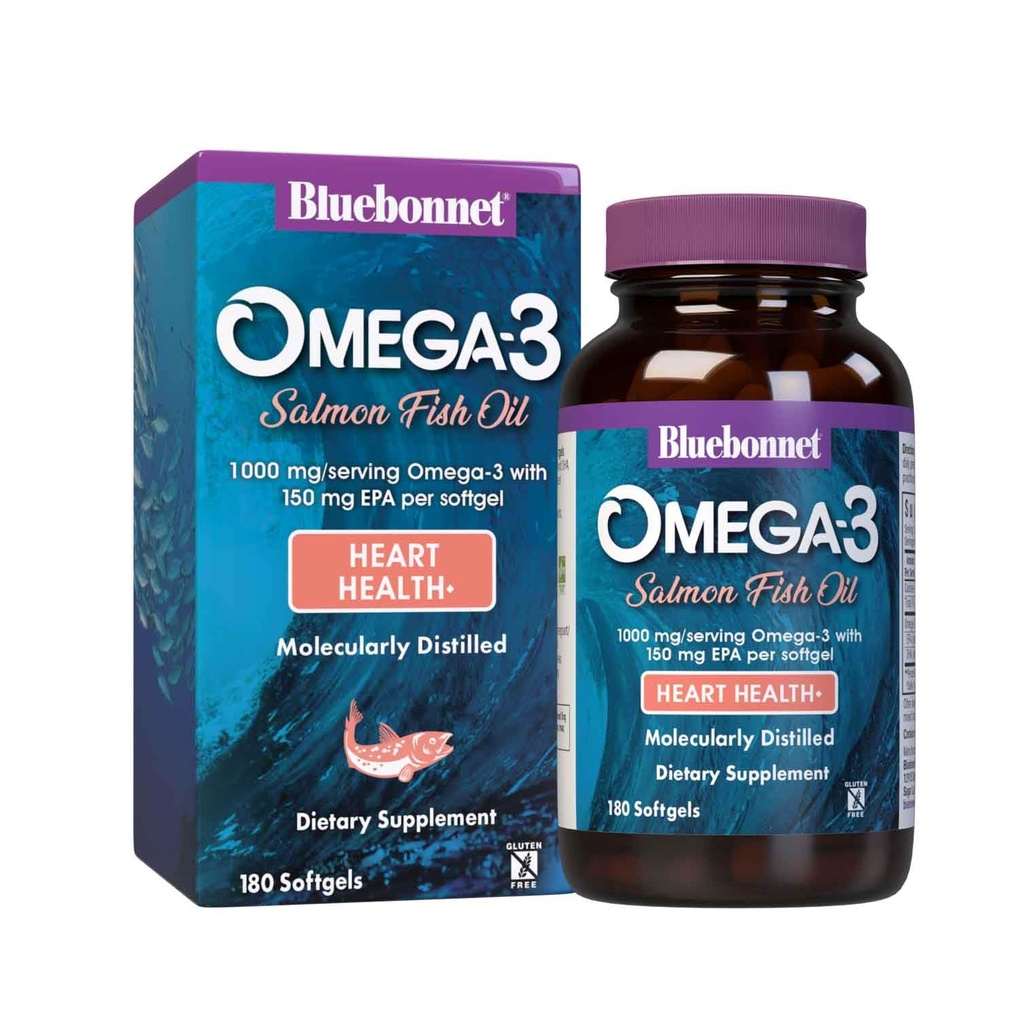 BlueBonnet Huile de saumon Oméga-3 naturelle Softgels, 180 Nombre, Blanc