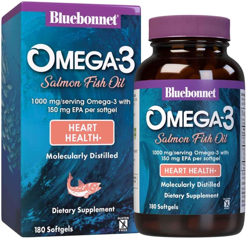 BlueBonnet Huile de saumon Oméga-3 naturelle Softgels, 180 Nombre, Blanc