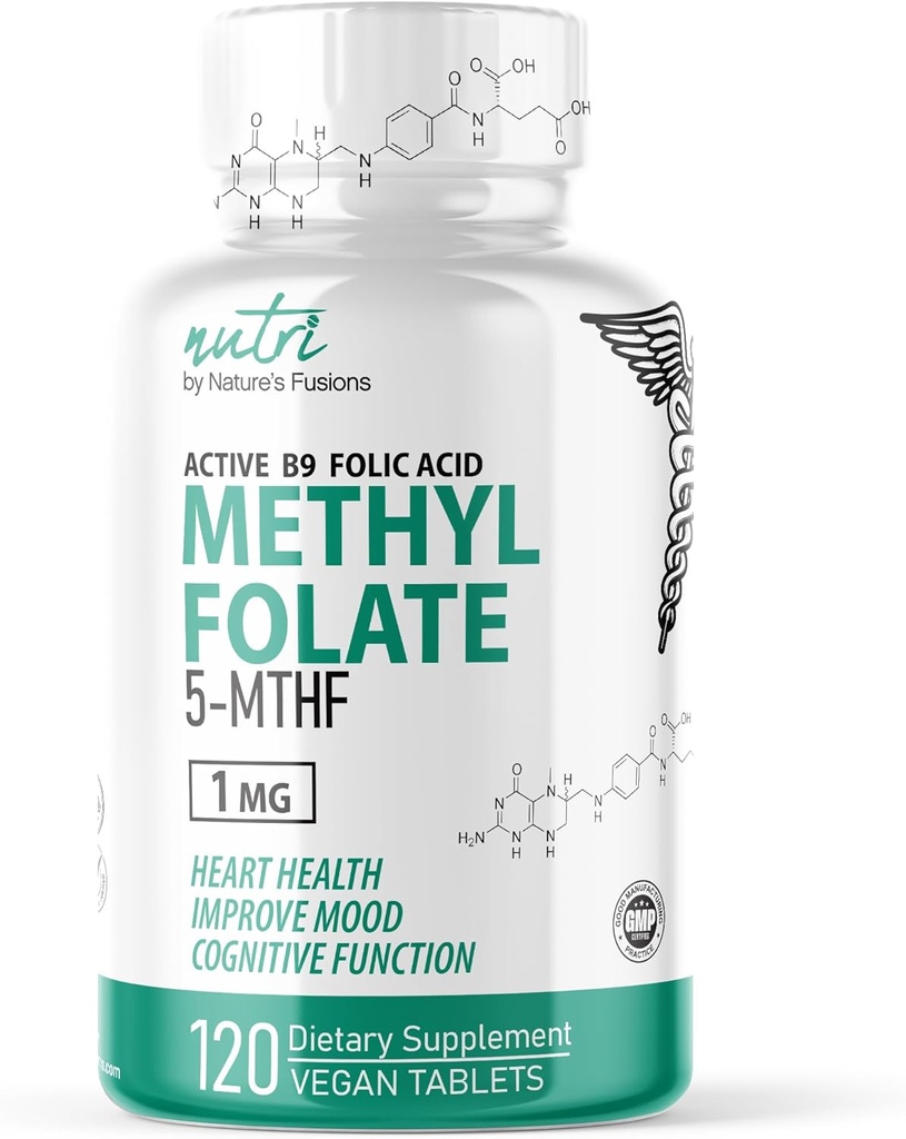 Fusions naturelles Nutri 5-MTHF L Méthylfolate 1MG - 4 mois d'approvisionnement, 120 comprimés véganes - supplément de folate méthylé - fonction cognitive, santé cardiaque, soutien prénatal - acide folique méthylé