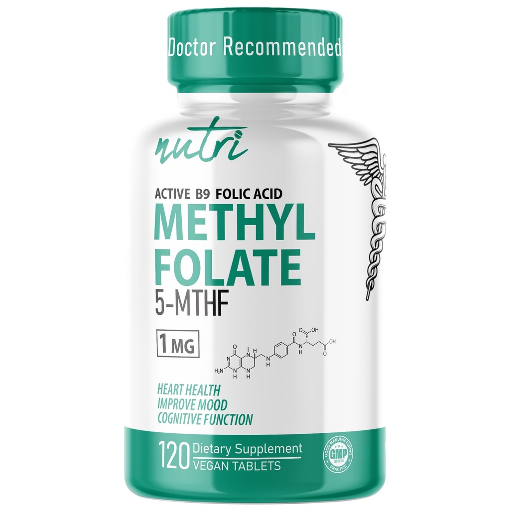 Nutri 5-MTHF L Méthylfolate 1MG - 4 mois d'approvisionnement, 120 comprimés végétaliens - supplément de folate méthylé - fonction cognitive, santé cardiaque, soutien prénatal - 3e partie testée - installation certifiée NSF