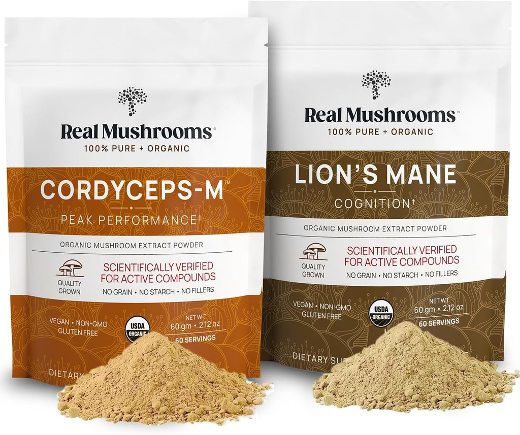 Lions Mane (60g) and Cordyceps (60g) Mushroom Extract Powder Bundle - Mushroom Supplement for Cognition, Energy and Endurance