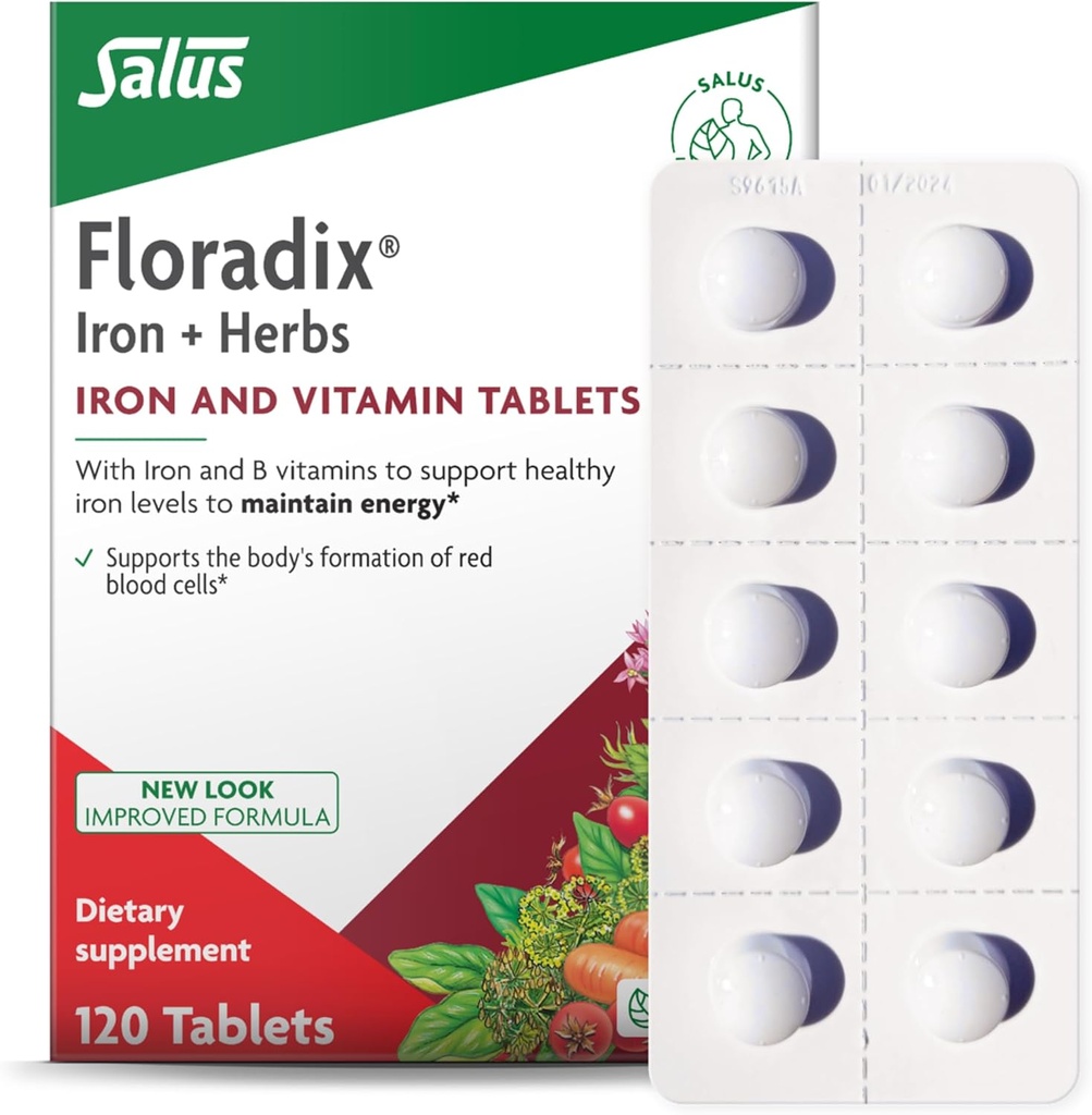 Comprimés en fer Floradix - Supplément en fer avec des vitamines B, acide folique, vitamine C et plus - Soutien énergétique - Végétarien et sans gluten - 120 comprimés (120 portions)