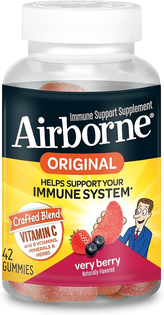 Airborne 750mg Vitamine C Gummies pour adultes, supplément de soutien immunitaire avec des antioxydants puissants Vitamines C & E - 42 Gummies, Saveur très Berry