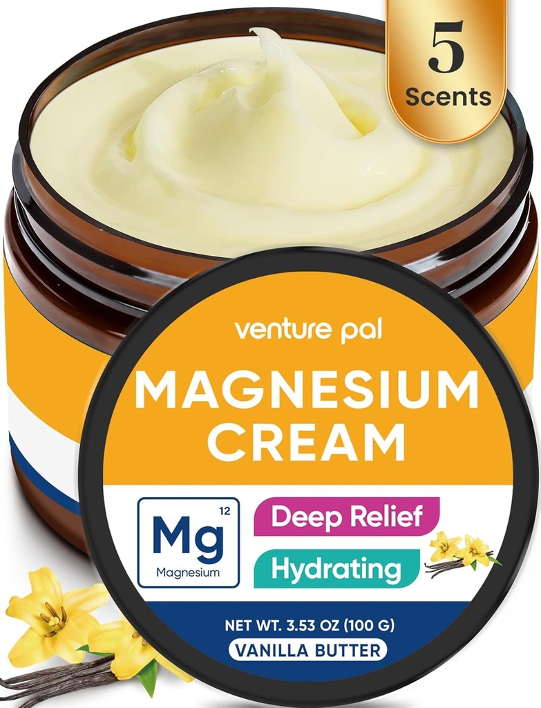 Venture Pal Lotion de magnésium, Crème de magnésium topique pour le sommeil, Crampes de jambes et douleur, Relaxation musculaire, Calme, Supplément hydratant avec huile de coco, beurre de karité et acide hyaluronique, sans danger pour les enfants