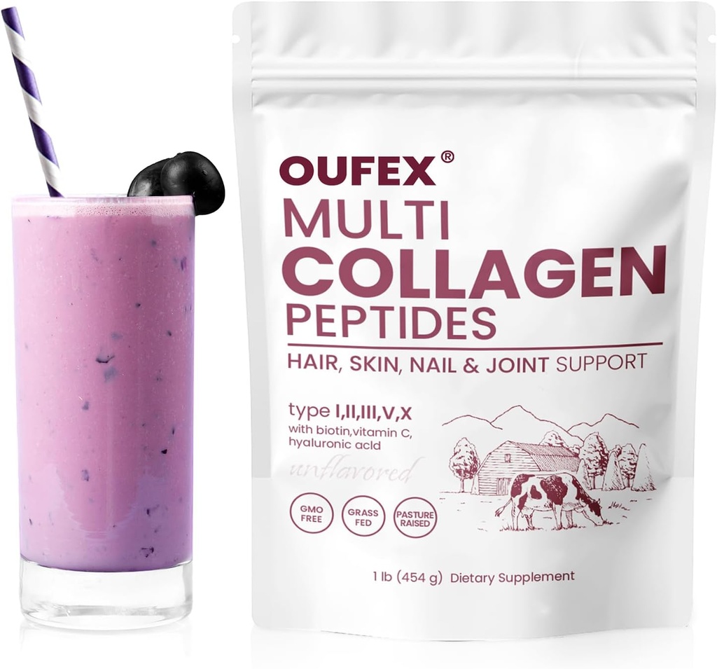 Poudre de Peptides de Collagène Multi, Peptides de Collagène pour les femmes et les hommes, Poudre de Collagène avec Acide Hyaluronique, Biotine, Types I, II, III, V, X, Promotion cheveux, ongles, peau, os et santé articulaire (1 lb)