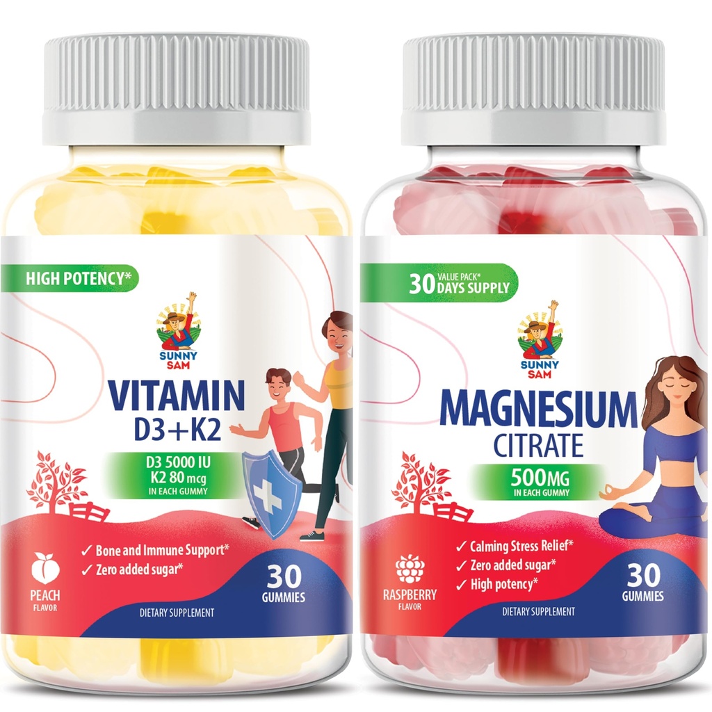 Gommies de magnésium pour enfants et adultes - 500mg et vitamine D3 K2 Gommies 5000 UI. Chews Magnésium Calme - Supplément de citrate de magnésium pour mood & Muscle Support