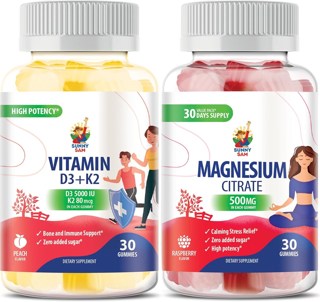 Gommies de magnésium pour enfants et adultes - 500mg et vitamine D3 K2 Gommies 5000 UI. Chews Magnésium Calme - Supplément de citrate de magnésium pour mood & Muscle Support