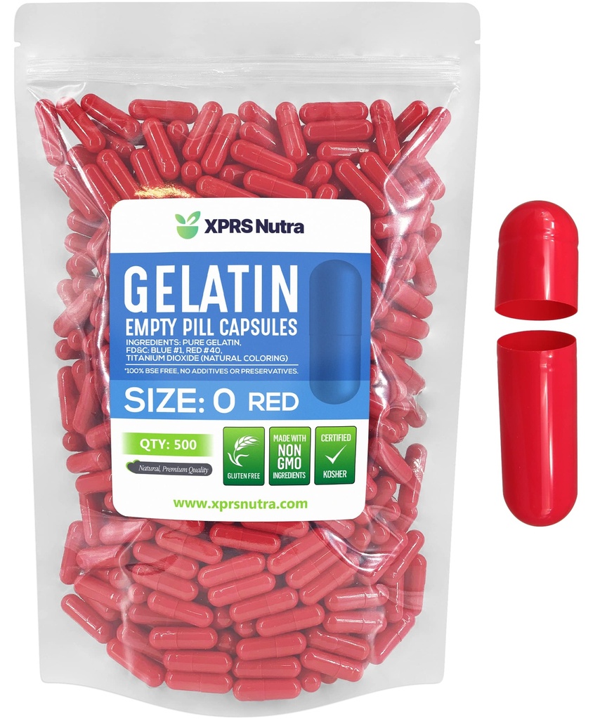 XPRS Nutra Taille 0 Capsules vides - 500 Compte Capsules de gélatine vides - Pills DIY Capsule Remplissage - Pure bouchons de gel de pilules rempliss pour les suppléments Do-It-Youlf (Rouge)