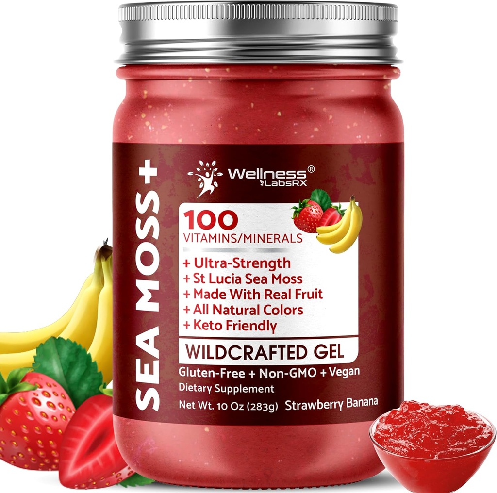 Irish Sea Moss Gel Raw - Wildcrafted Superfood Seamoss Gel - Strawberry Banana Flavor, Vitamin and Mineral-Rich from Pristine Caribbean Waters, Immune and Digestive Health Support - 10 oz.