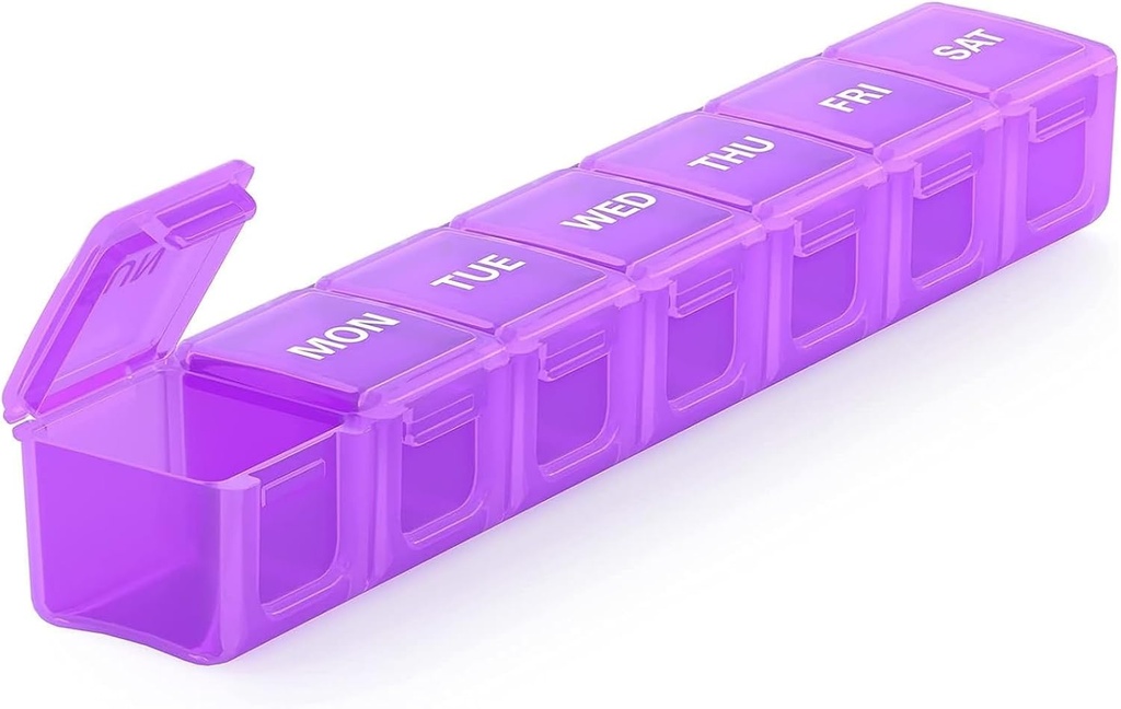 Sukuos Extra Large Weekly Pill Organizer, 7 Jours Daily Pill Box Case Arthritis Friendly, Silkscreen Imprimed Medicine Container with Clear Crid for Vitamines, Fish Oils or Supplements (Purple)