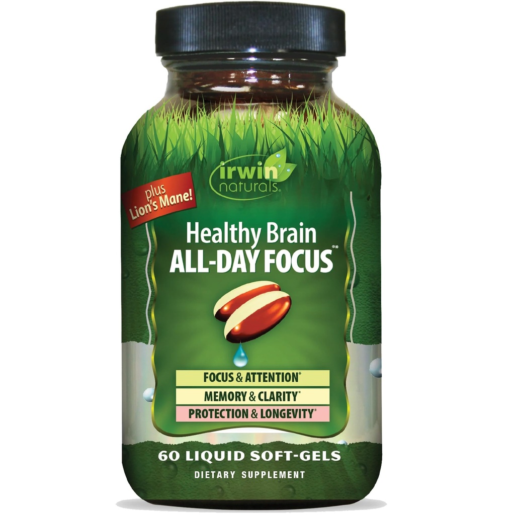 Irwin Naturals Cerveau sain Focus toute la journée - 60 Soft-Gels liquides - stimule la performance mentale et favorise la santé cérébrale à long terme - 30 services