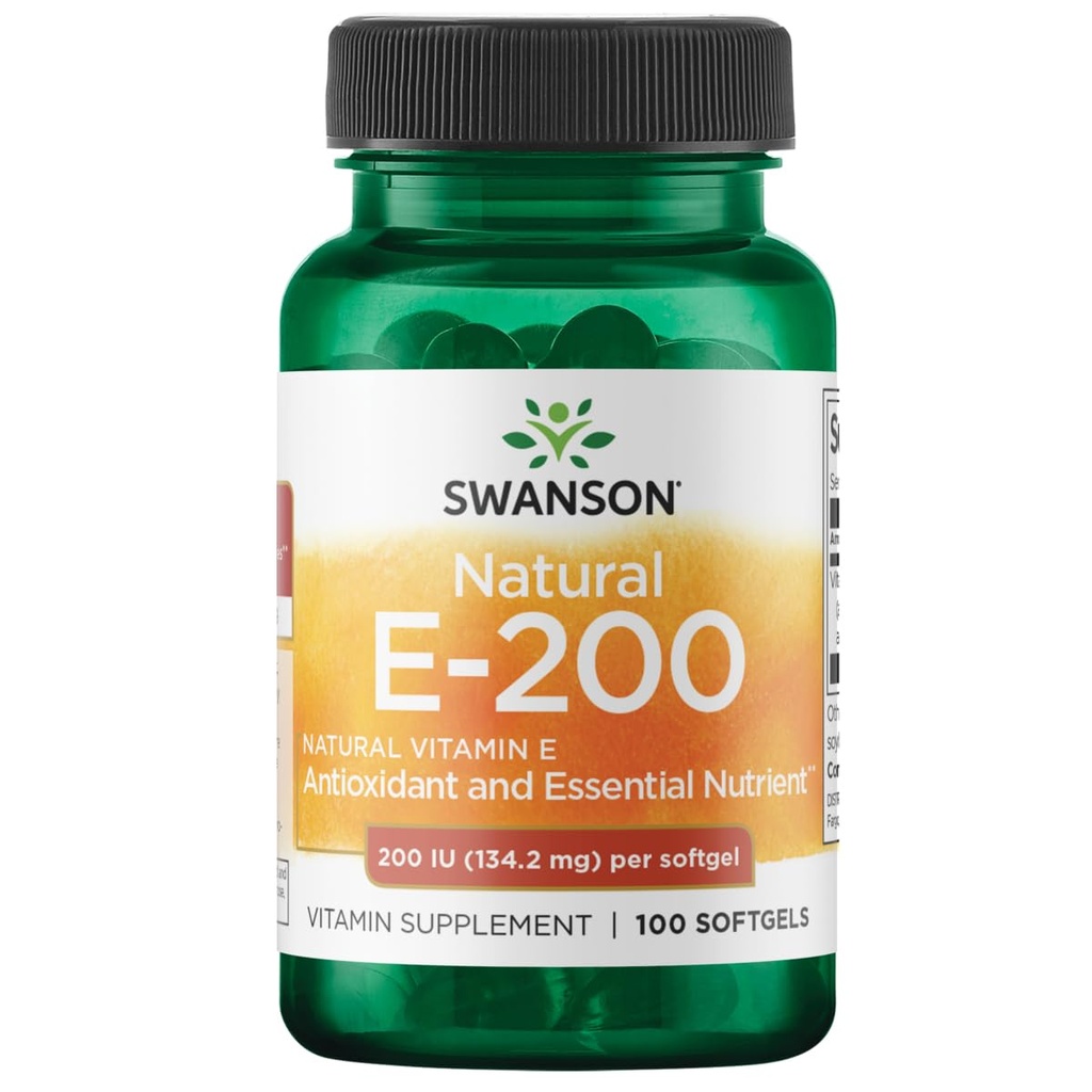 Swanson Vitamine naturelle E - Supplément naturel appuyant la santé cardiaque et la protection des tissus - Éléments nutritifs essentiels favorisant la santé et le mieux-être - (100 Softgels, 200UI chacun)