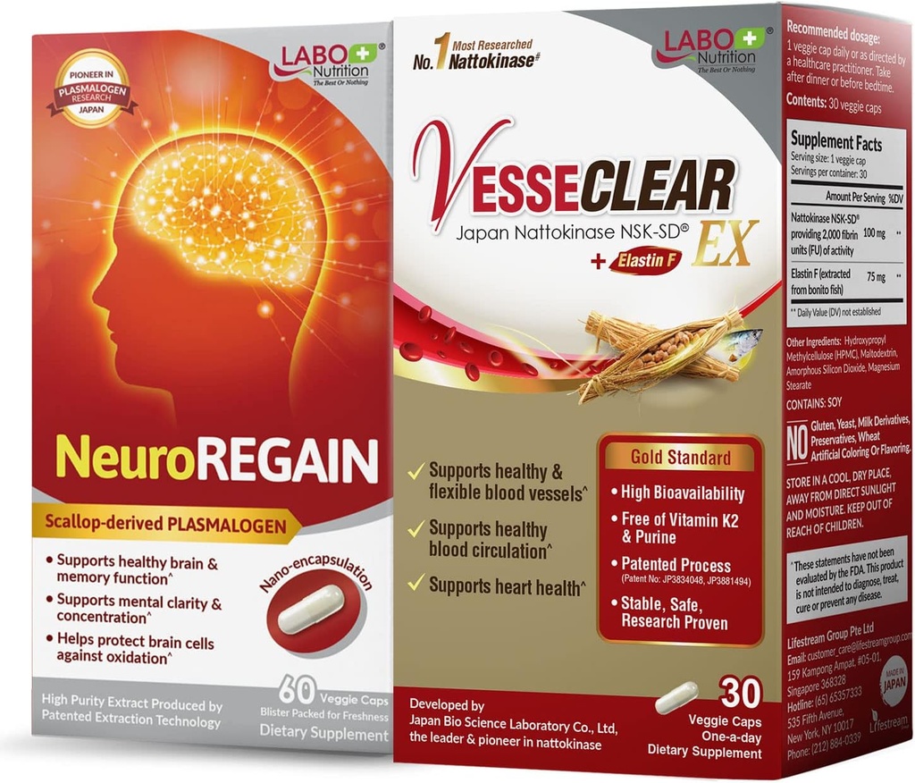 LABO Nutrition VesseCLEAR EX + NeuroREGAIN: Nattokinase NSK-SD, Elastin F for Clean & Flexible Blood Vessel, Cardiovascular & Circulation Support, Scallop-derived PLASMALOGEN for Brain Deterioration
