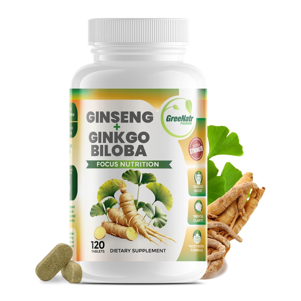 GreeNatr Ginko Biloba & Panax Supplément Ginseng - Supplément Cerveau Ginseng Rouge pour Mémoire et Focus - Suppléments Biloba Ginkgo pour une bonne vision, système immunitaire et amélioration du flux sanguin - 120 comprimés