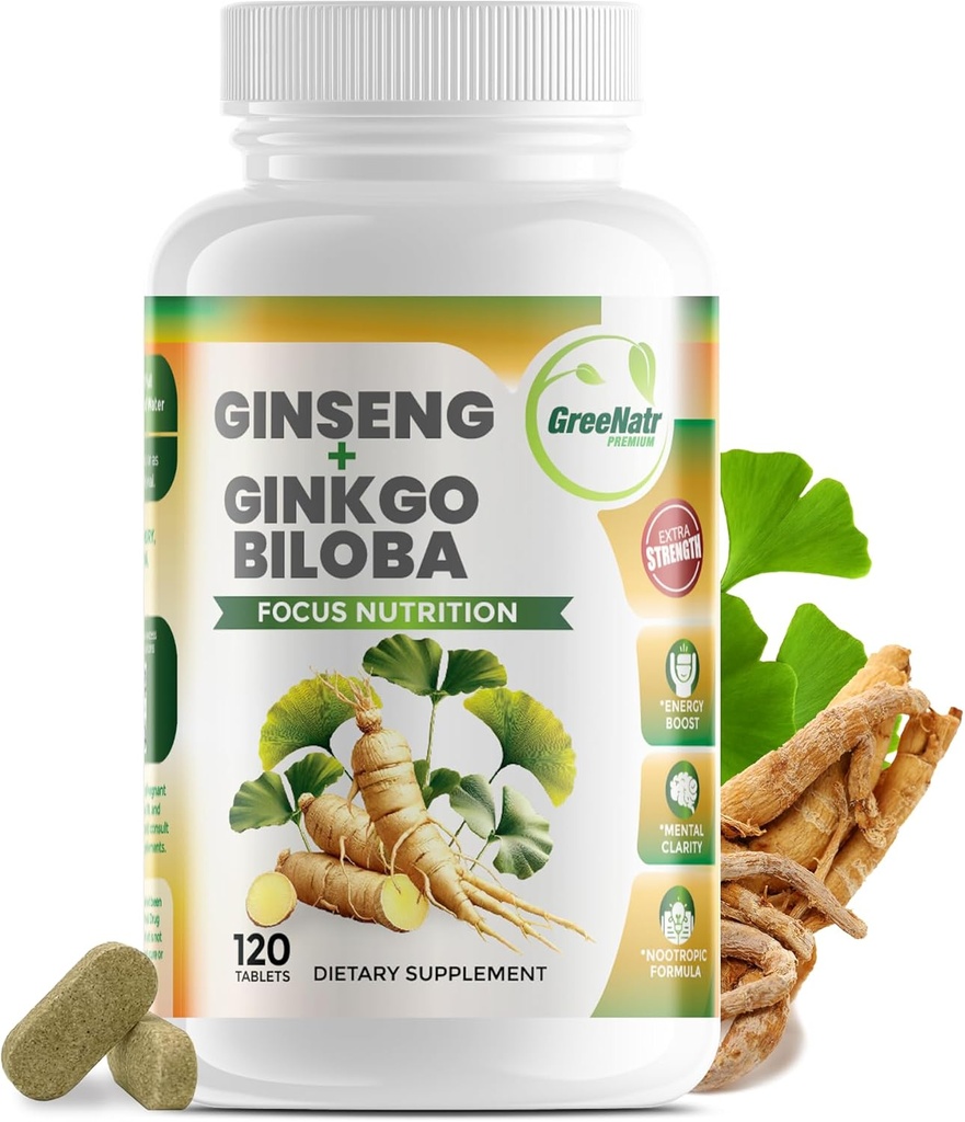 GreeNatr Ginko Biloba & Panax Supplément Ginseng - Supplément Cerveau Ginseng Rouge pour Mémoire et Focus - Suppléments Biloba Ginkgo pour une bonne vision, système immunitaire et amélioration du flux sanguin - 120 comprimés