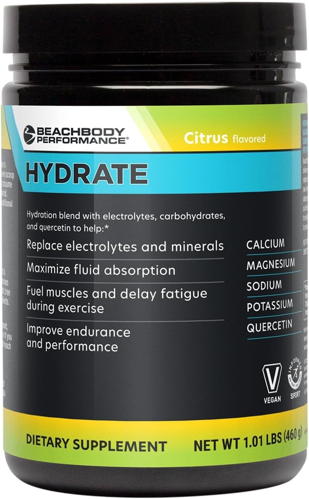Supplément d'hydratation BODi Performance Hydrate, Poudre d'électrolyte enrichie en Quercetine, 4 électrolytes clés: Potassium, Magnésium, Sodium, Calcium - Supporte l'endurance et la balance des fluides, Citrus, 40 SRV