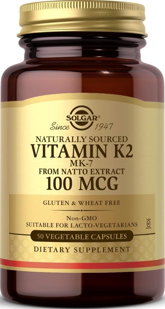 Solgar à source naturelle de vitamine K2 (MK-7) 100 mcg - 50 capsules végétales, boîte de 2 - soutient la santé des os - source d'aliments entiers de l'extrait de Natto - non-OGM, sans gluten - 100 portions totales