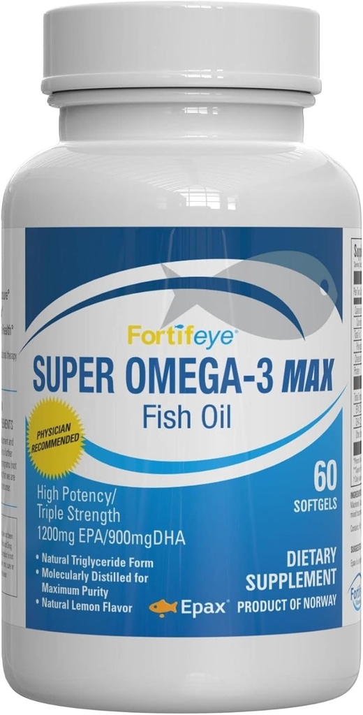 Super Max Omega-3 Huile de poisson 2400 mg Fabriqué en Norvège - Haute puissance Huile de poisson Omega 3 Suppléments pour les femmes et les hommes, forme de triglycéride avec EPA et suppléments DHA Pas de poisson après le goût Saveur de citron