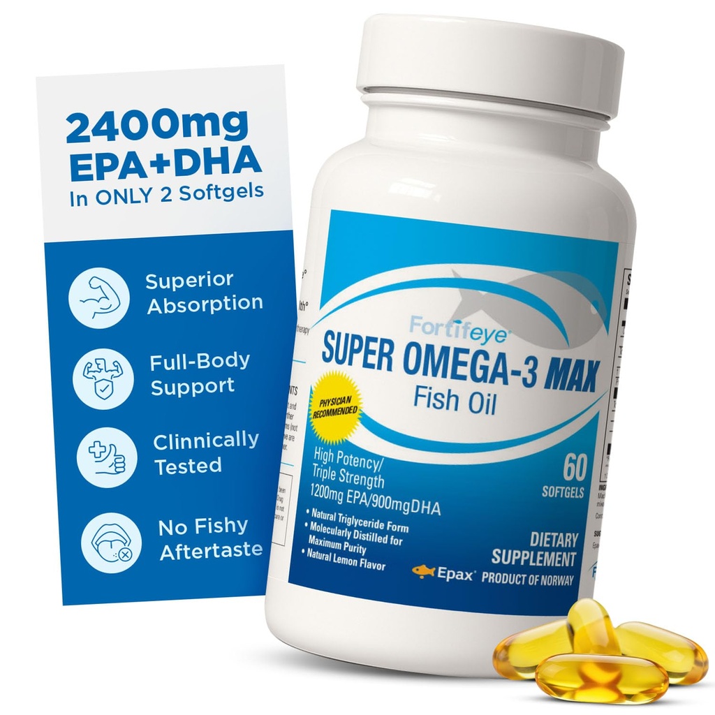 Super Max Omega-3 Huile de poisson 2400 mg Fabriqué en Norvège - Haute puissance Huile de poisson Omega 3 Suppléments pour les femmes et les hommes, forme de triglycéride avec EPA et suppléments DHA Pas de poisson après le goût Saveur de citron