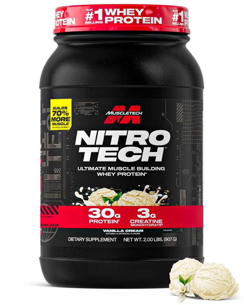 Muscletech Whey Protein Powder (Vanilla Cream, 2,2 livres) - Nitro-Tech Ultimate Muscle Building Formula with Whey Protein Isolate - 30g de protéines, 3g de créatine et 6.8g de BCAA - Emballage May Vary