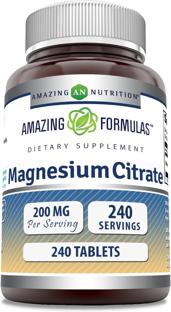 Formules étonnantes Citrate de magnésium (comprimés de 200 Mg) Supplément minéral (non-OGM) Sans gluten (Fabriqué aux États-Unis) (1 Pack, 240 Compte)
