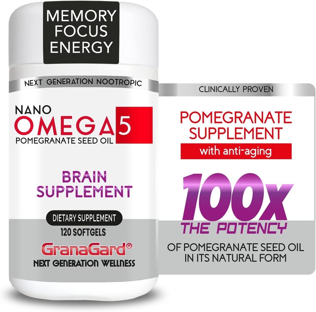 PROVENANT CLINIQUEMENT (Approvisionnement de 2 mois) SUPPLÉMENTS DE BRAIN AVEC ANTI AGING, Pills de mémoire, supplément Omega 5 grenade, 1 bouteille 120ct