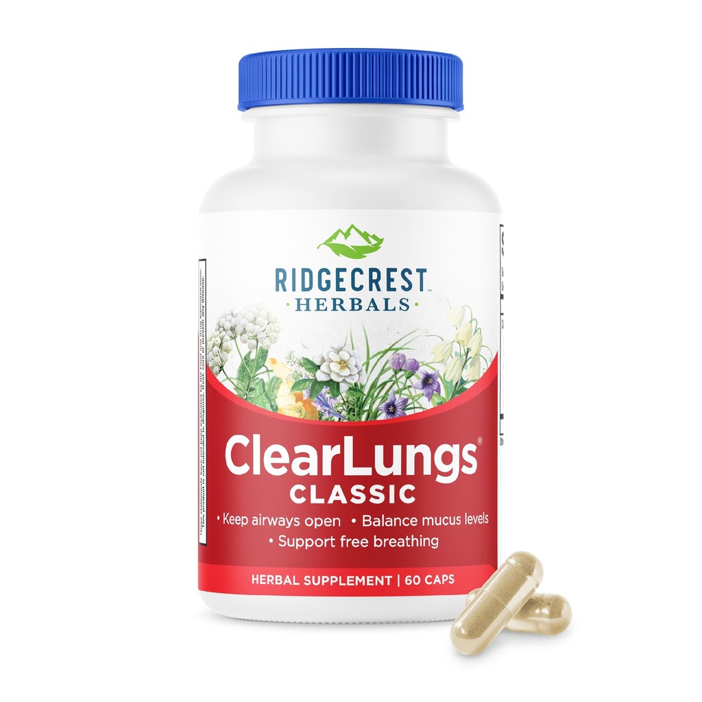 RidgeCrest Herbals ClearLungs Classic, Lung naturel et Nasal Supplément de santé quotidienne pour Bronchial, Respiratoire, Immune, Sinus et Mucus Wellness Support, formule à base de plantes (60 capsules, 30 Serv)