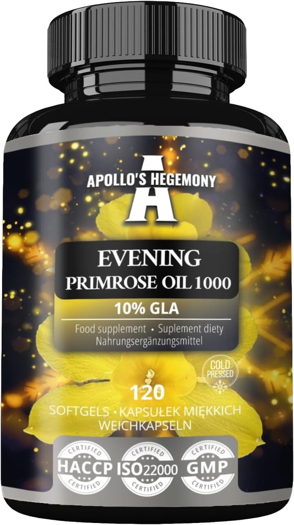 APOLLO'S HEGEMONY Evening Primrose Oil 1000 mg with Vitamin E - Contains 100 mg of GLA Acid - 120 Softgel Capsules - 4 Months Supply - Diet Supplement to Support Hormonal Balance and Skin Health
